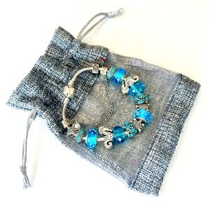 NEW charm bracelet summer travelocean turtle blue gem beads silver Y2K whimsical